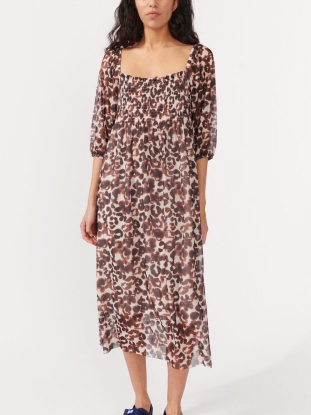 Baum Und Pfergarten Brown Animal Print Midi Dress Womens S Smocked Summer Casual